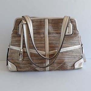 *B. Makowsky Gold Leather Woven Natural Fabric Shoulder Bag